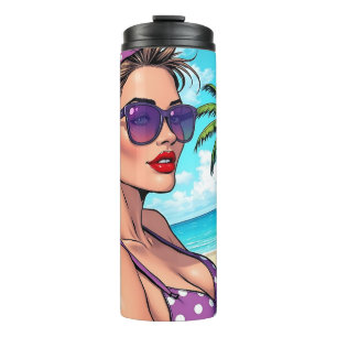 Hübsche Lady in Bikini Retro Breach Thermosbecher