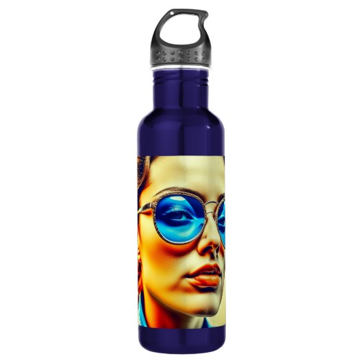 Hübsche Lady mit Blauer Sonnenbrille mit Reflektio Edelstahlflasche (Vorderseite)