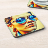 Hübsche Lady mit Blauer Sonnenbrille mit Reflektio Getränkeuntersetzer (Linke Seite)