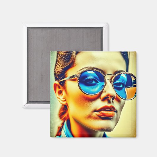 Hübsche Lady mit Blauer Sonnenbrille mit Reflektio Magnet (Vorderseite/Rückseite)