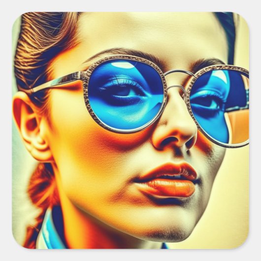 Hübsche Lady mit Blauer Sonnenbrille mit Reflektio Quadratischer Aufkleber (Vorderseite)