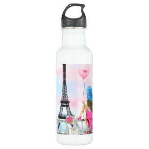 Hübsche Lady mit rosa Herzballon - I Liebe Paris Edelstahlflasche