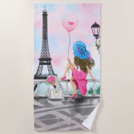Hübsche Lady mit rosa Herzballon - I Liebe Paris Strandtuch