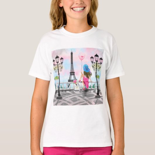 Hübsche Lady mit rosa Herzballon - I Liebe Paris T-Shirt (Vorderseite)