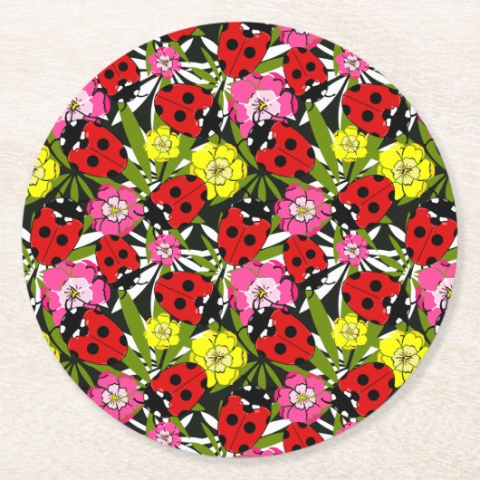 Hübsche Ladybug und Blume Muster Niedlich Runder Pappuntersetzer (Vorderseite)