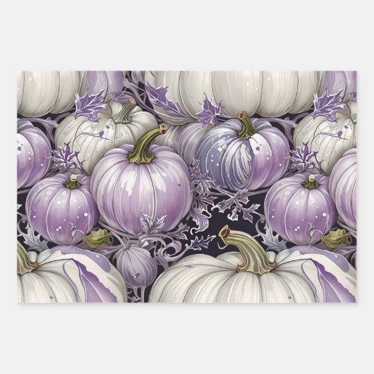 HÜBSCHE LAVENDER LILA-WEISSE FALLPUMPKINE GESCHENKPAPIER SET (Vorderseite)