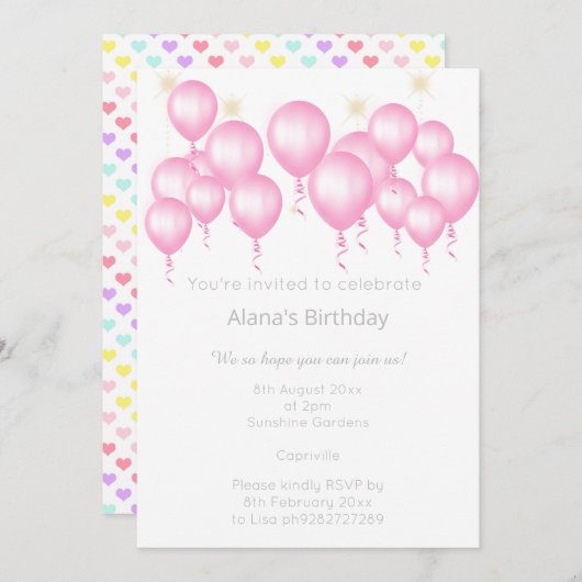 HÜBSCHE LIEBE HERZ BALLOON PINK GEBURTSTAG EINLADU EINLADUNG (Vorne/Hinten)