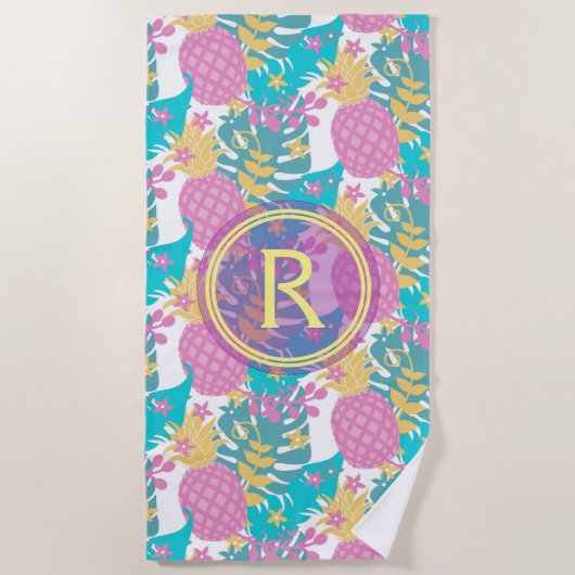Hübsche Lila Ananas und Blue Tropical Blätter Strandtuch (Vorderseite)