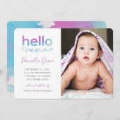 Hübsche Lila Aquamarin Watercolor Hallo Foto Gebur Ankündigung (Vorne/Hinten)