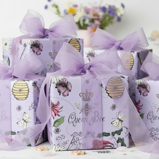 Hübsche Lila Biene, Goldkrone & Blume Geschenkpapier