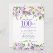 Hübsche Lila Blumenfeier 100. Geburtstagsparty Einladung (Vorderseite)