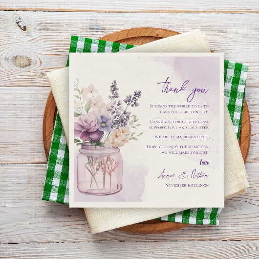 Hübsche Lila Blumenhochzeit Dankeschön-Nachricht Serviette