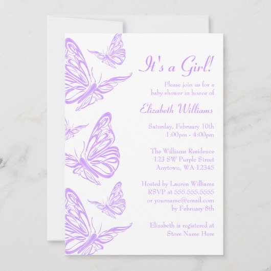 Hübsche Lila Butterfly-Kinderdusche Einladungen (Vorderseite)