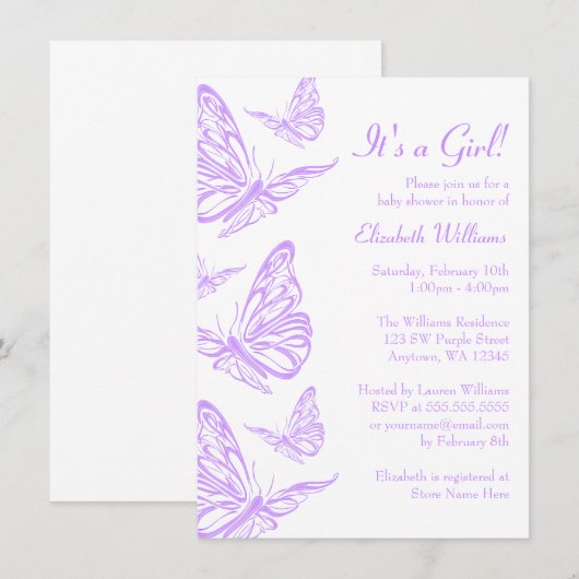 Hübsche Lila Butterfly-Kinderdusche Einladungen (Vorne/Hinten)