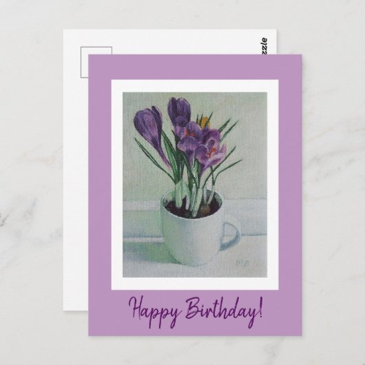 Hübsche lila Crocus-Blume in einer Tasse Geburtsta Postkarte (Vorne/Hinten)