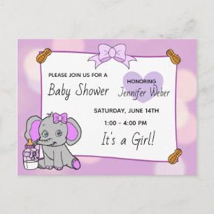 Hübsche Lila Elephant Girl's Baby Dusche Postkarte