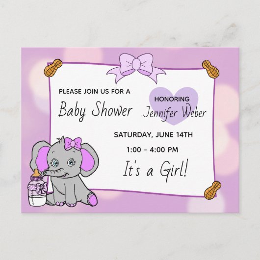 Hübsche Lila Elephant Girl's Baby Dusche Postkarte (Vorderseite)