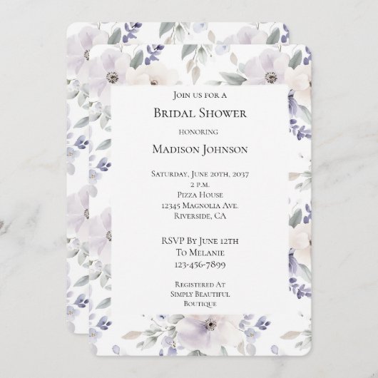 Hübsche Lila Elfenbeinküste Blume Brautparty Einladung (Vorne/Hinten)