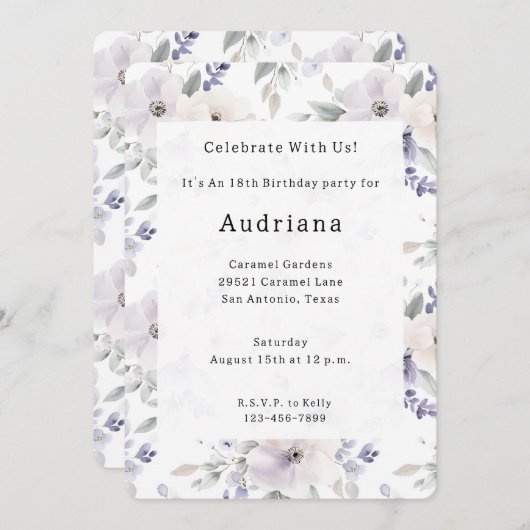 Hübsche Lila Elfenbeinlavender-Blume Geburtstag Einladung (Vorne/Hinten)