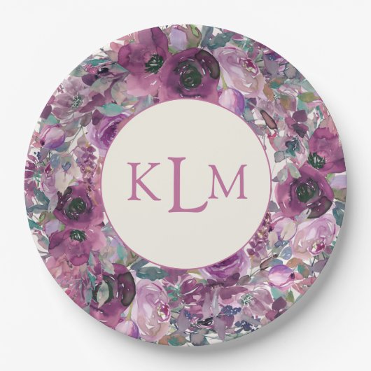 Hübsche Lila Farbfloral Monogramm Pappteller (Vorderseite)