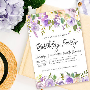 Hübsche Lila Floral 80. Geburtstagsparty Einladung