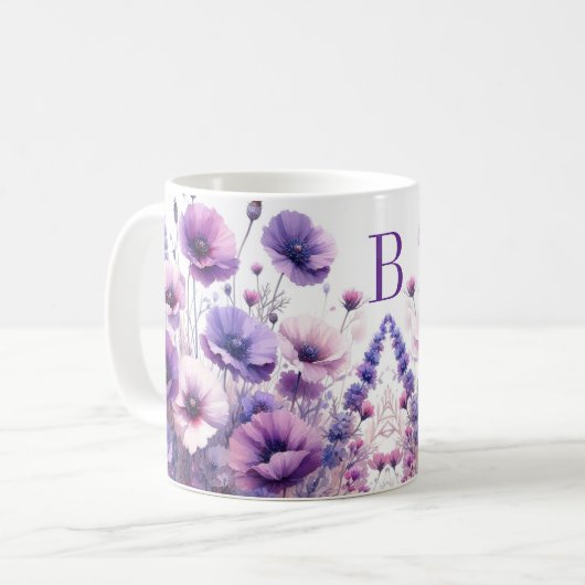 Hübsche Lila florale Monogramm Hibiskus Tasse (Vorderseite Links)