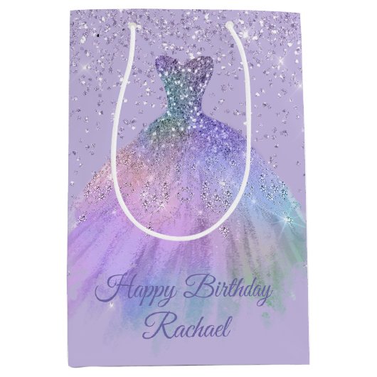 Hübsche lila Glittery Ballkleid-Geschenk-Tasche Mittlere Geschenktüte (Vorderseite)