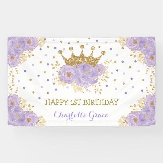 Hübsche Lila Goldkronprinzessin Birthday Banner (Horizontal)