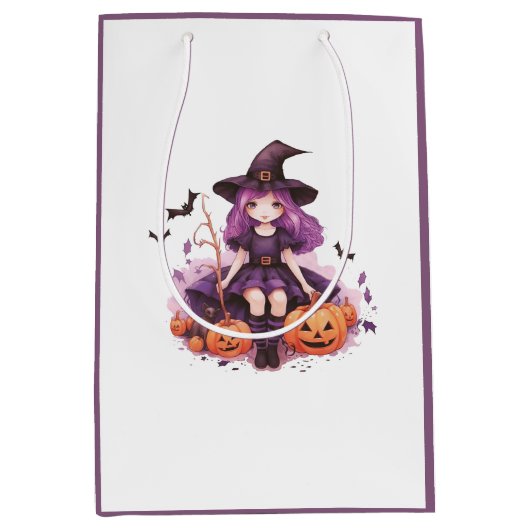 Hübsche Lila Haarbürsten; Hexenkürbis und Fledermä Mittlere Geschenktüte (Vorderseite)