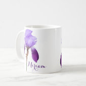Hübsche lila Iris-Blume mit individuellem Namen Kaffeetasse (Vorderseite Links)