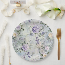 Hübsche Lila Lavendel Weiße Rosen Blumenhochzeit Pappteller