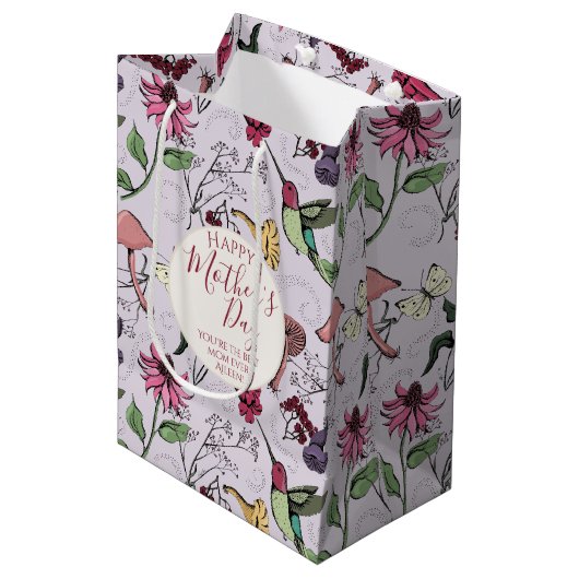 Hübsche Lila Mütter Day Hummingbird Garden Mittlere Geschenktüte (Vorderseite Schrägansicht)