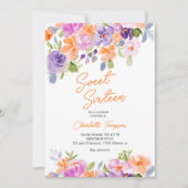 Hübsche lila-orangefarbene Blumenschrift süß 16 Einladung (Vorderseite)