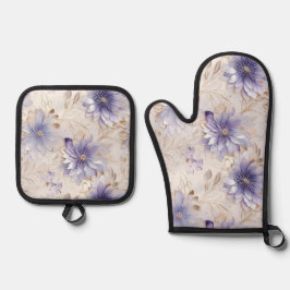 Hübsche Lila Pearl Gold Floral Wedding Ofenhandschuh & Topflappen-Set