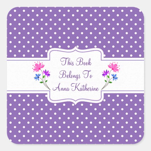Hübsche Lila Punkte Country Chic Buchzeichen/Aufkl Quadratischer Aufkleber (Vorderseite)