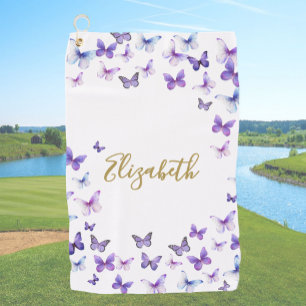 Hübsche Lila Schmetterlinge mit individuellem Name Golfhandtuch