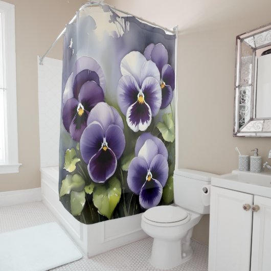 Hübsche lila Stiefmütterchen Aquarellmalerei Duschvorhang (Beispiel)
