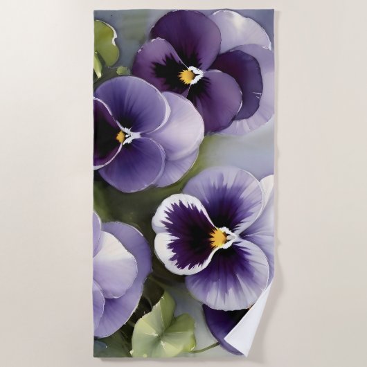 Hübsche lila Stiefmütterchen Aquarellmalerei Strandtuch (Vorderseite)