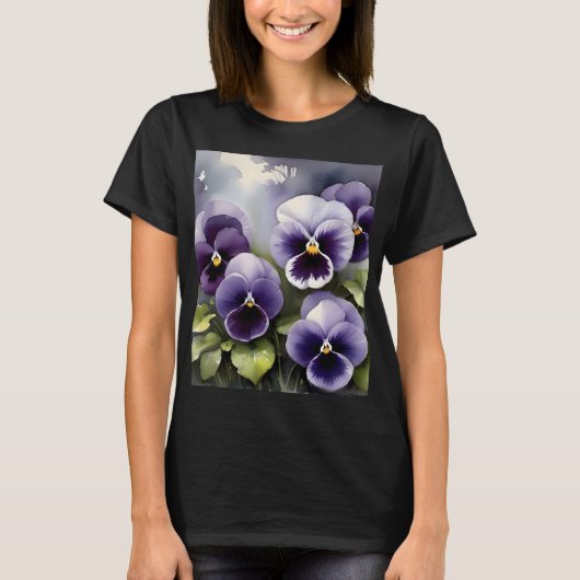 Hübsche lila Stiefmütterchen Aquarellmalerei T-Shirt (Vorderseite)