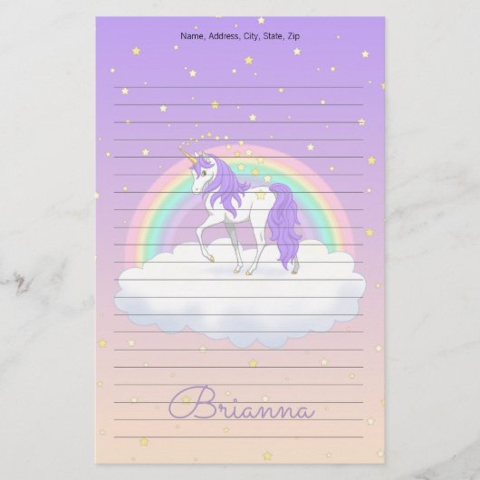 Hübsche Lila süße Träume Regenbogen Unicorn Briefpapier (Vorderseite)