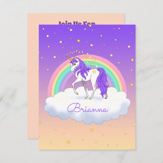 Hübsche Lila süße Träume Regenbogen Unicorn Einladung (Vorne/Hinten)