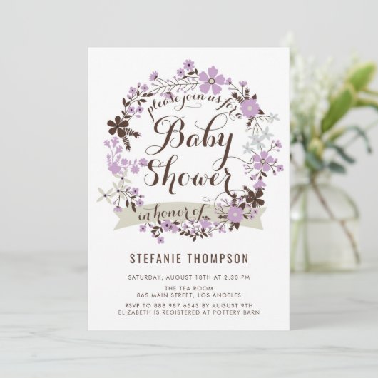 Hübsche Lila und graue Blütendusche Einladung (Stehend Vorderseite)