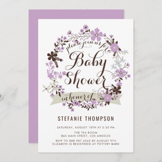 Hübsche Lila und graue Blütendusche Einladung (Vorne/Hinten)