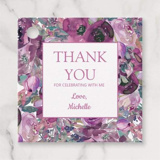 Hübsche Lila Wasserfarbe Blumengeburt Danke Geschenkanhänger (Vorderseite)