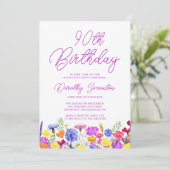 Hübsche Lila Wildblume Erwachsene 90. Geburtstag Einladung (Stehend Vorderseite)