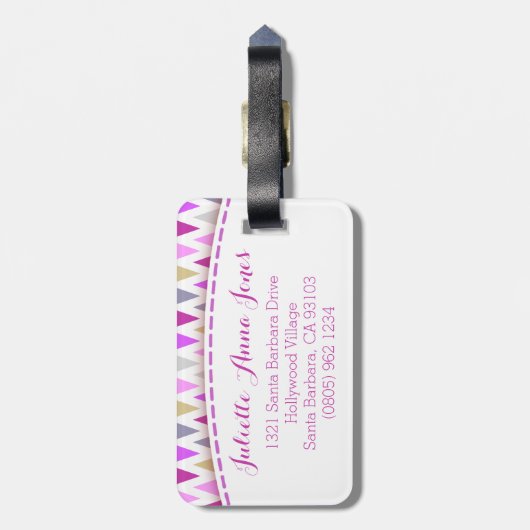 Hübsche lila Zickzackflaggen mit Namen Gepäckmarke Gepäckanhänger (Rückseite vertikal)