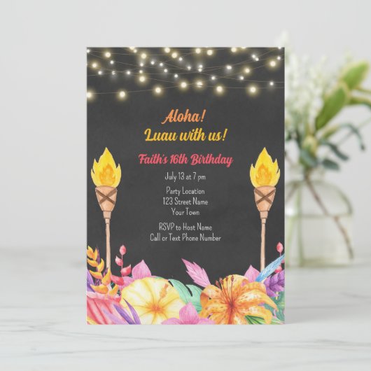 Hübsche Luau Geburtstagsparty Einladung (Stehend Vorderseite)