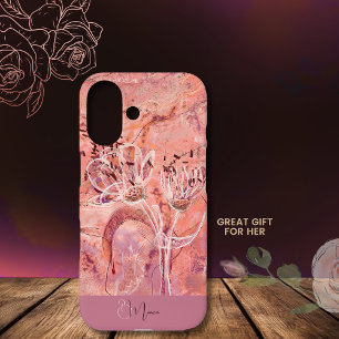 Hübsche Mädchenhafte Lachsrosa Blumen Marmor iPhone 16 Hülle