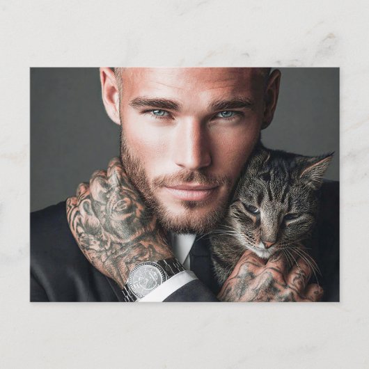 Hübsche Männer & Katzen Kunst Postkarte (Vorderseite)