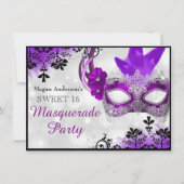 Hübsche Maske & Damaskus Lila Masquerade Sweet 16 Einladung (Vorderseite)
